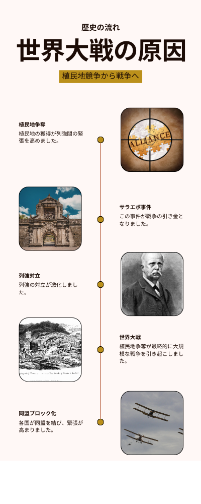 第一次世界大戦の原因の流れを示した因果関係図